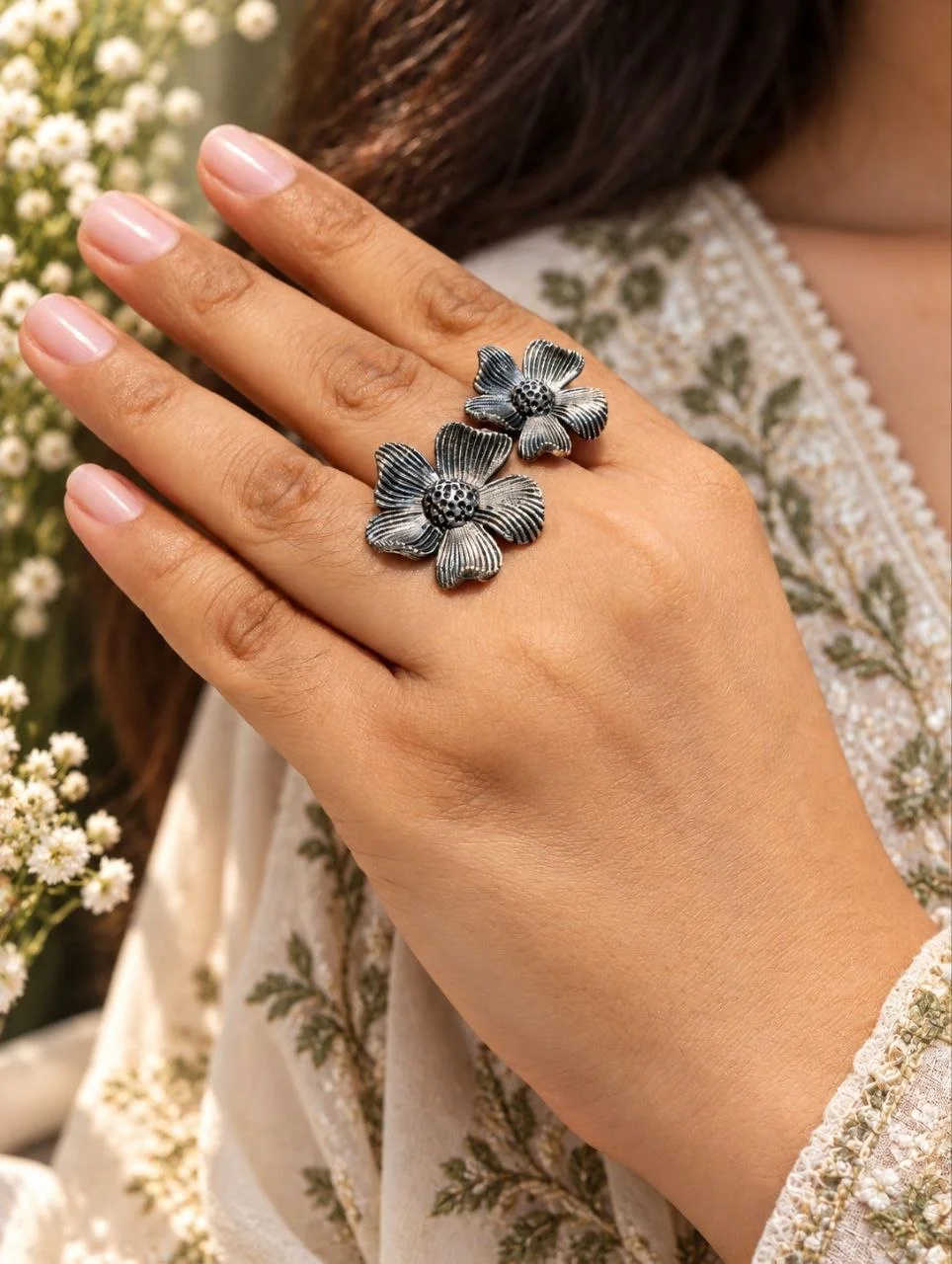 Oxidised Twin Flower Adjustable Ring