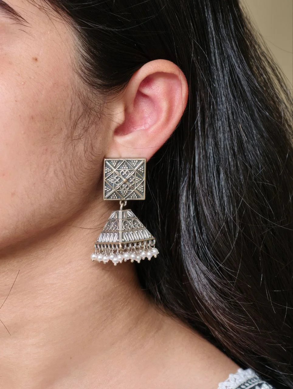 Oxidised Square Stud Pyramid Jhumka Earrings with Pearl Fringe – view 5
