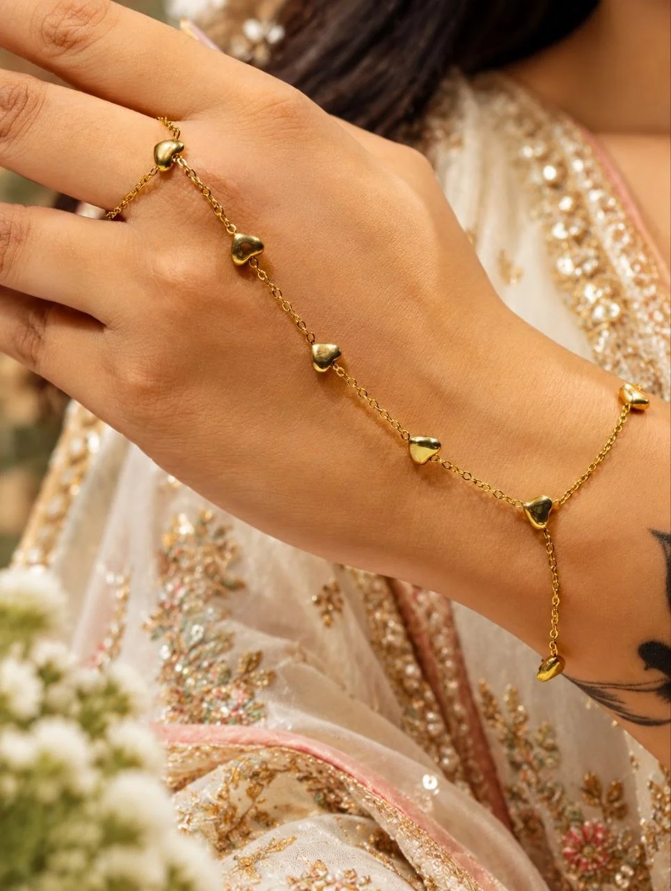 Anti Tarnish Gold Bead Hathphool with Ring and Wrist Chain – view 2