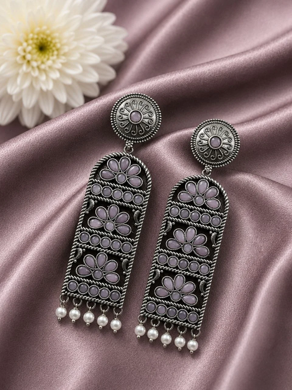 Oxidised Arch Panel Long Earrings with Stone Flowers and Pearl Fringe