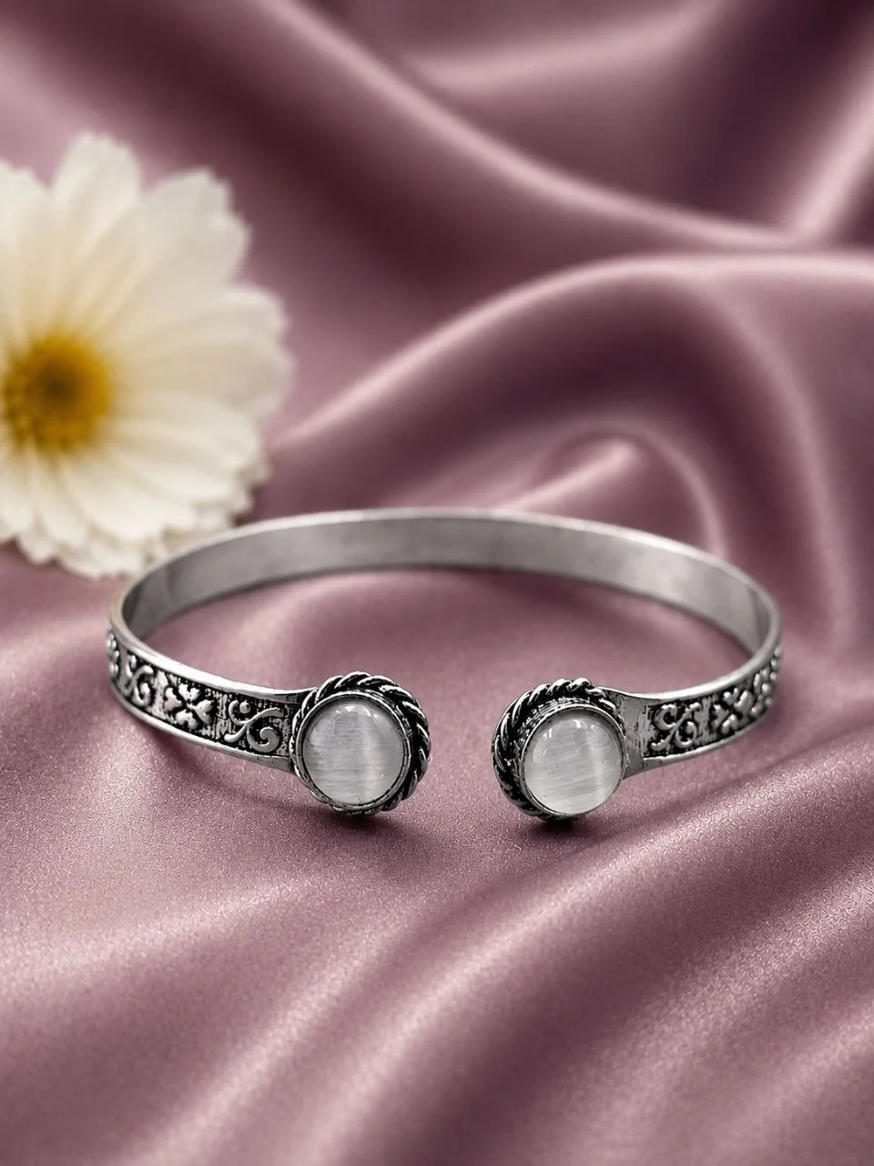 Oxidised Moonstone-Tone Cabochon Cuff Bracelet