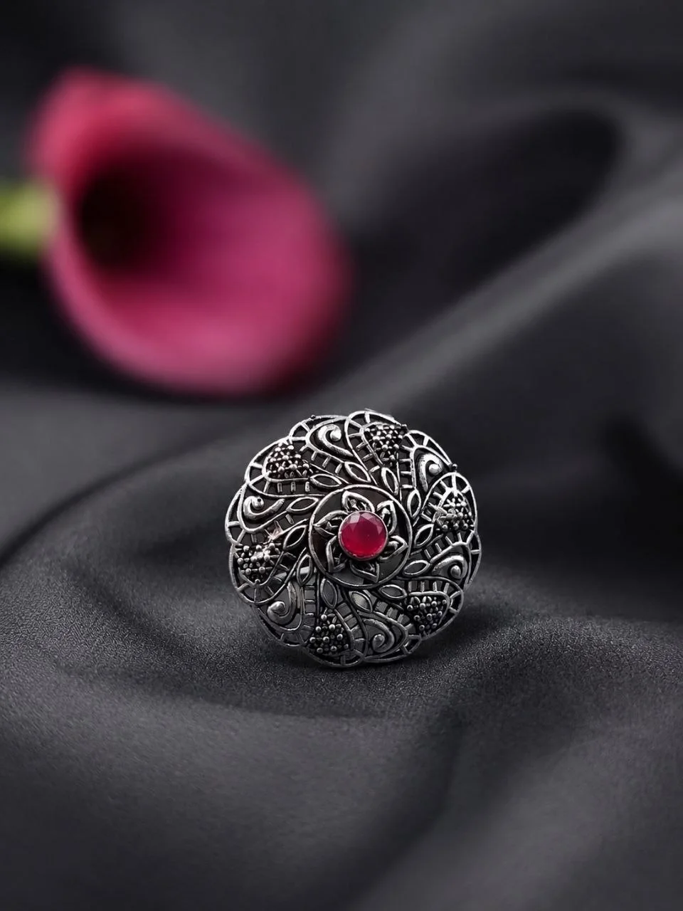 Oxidised Swirl Ring with Red Stone