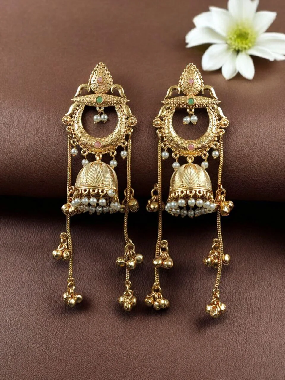 Compact Chandbali Kashmiri Earrings with Bell Chains