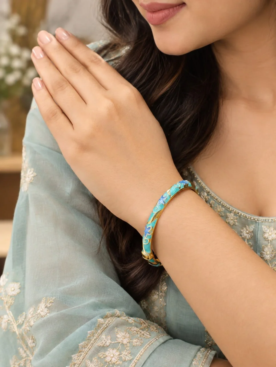Anti Tarnish Aqua Enamel Bangle with Blue Blossom and Vine Motifs