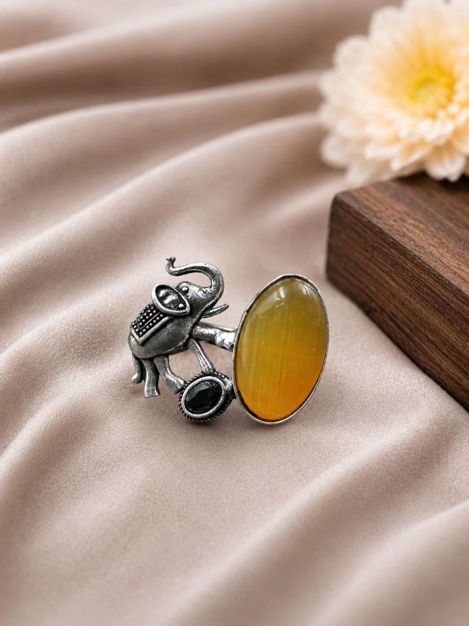 Oxidised Elephant Ring with Cabochon Stone – view 3