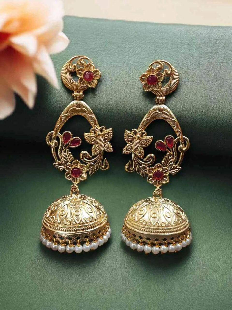 Butterfly Arch Jhumka with Pink Enamel – view 4