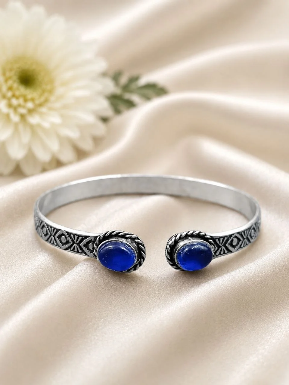 Oxidised Blue Sapphire Cabochon Cuff Bracelet