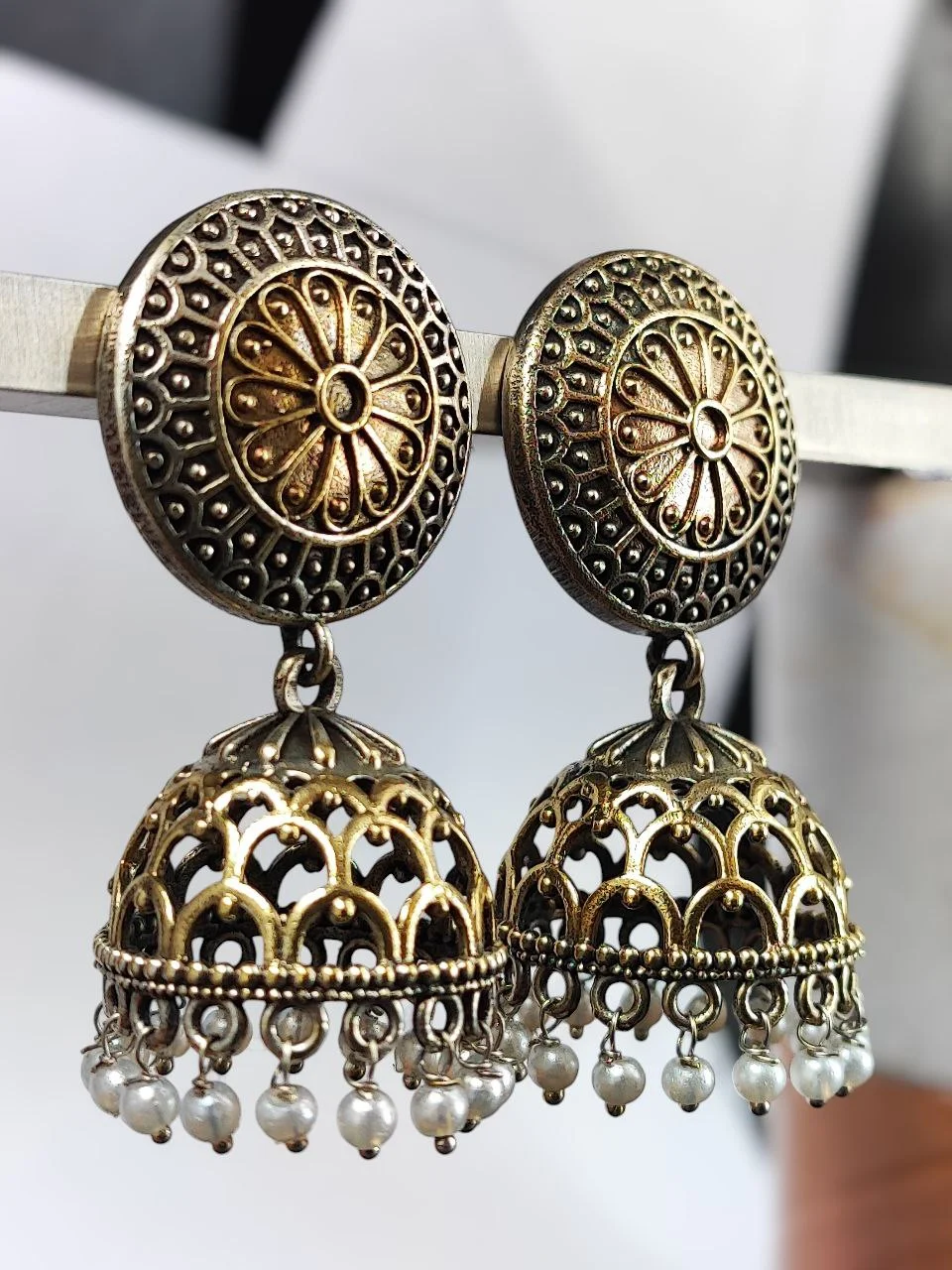Handcrafted Two Tone Jhumka Earrings with Pearl Work – view 3