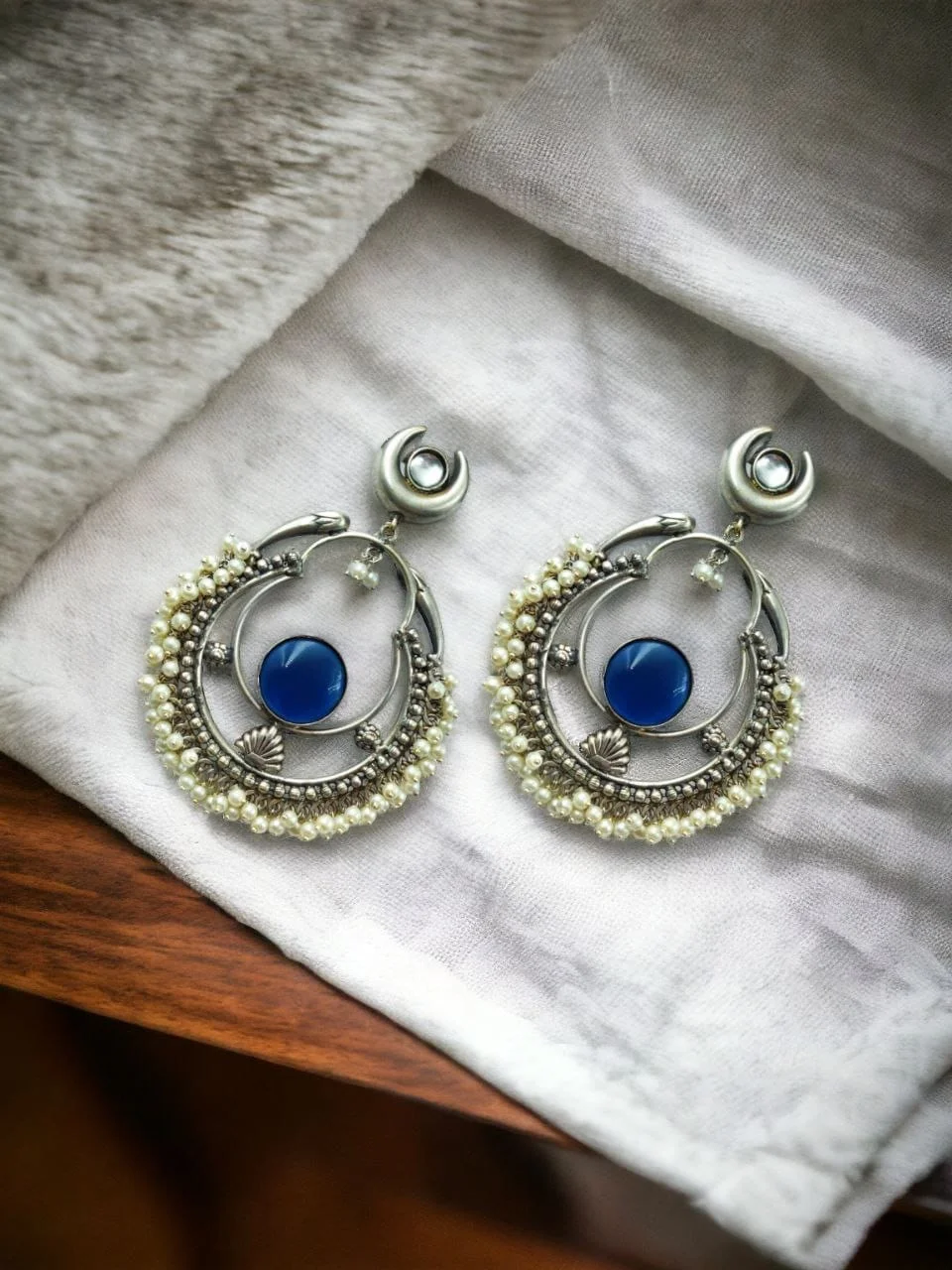 Oxidised Pearl-Rimmed Chandbali Earrings with Round Stone and Moon Stud