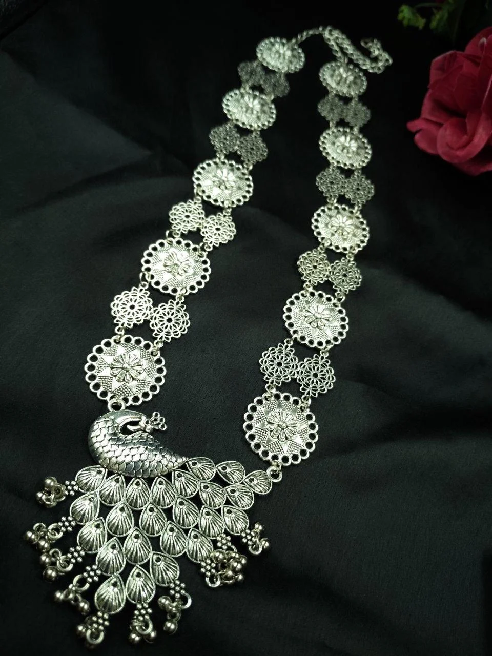 German Silver Peacock Long Necklace with Ghungroo