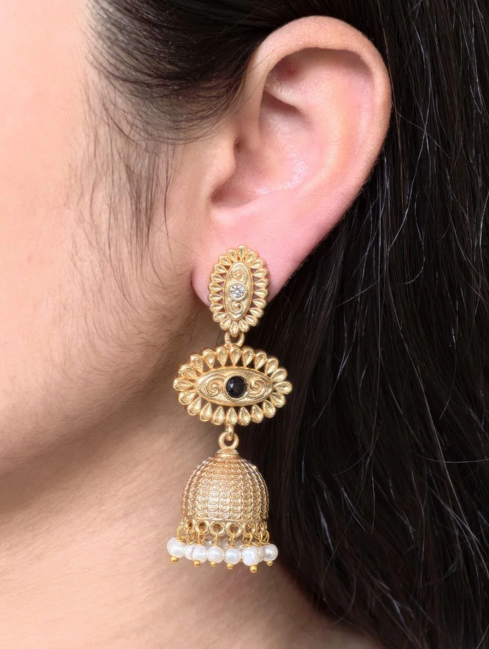 Turquoise Rosette Three Tier Jhumka – view 4