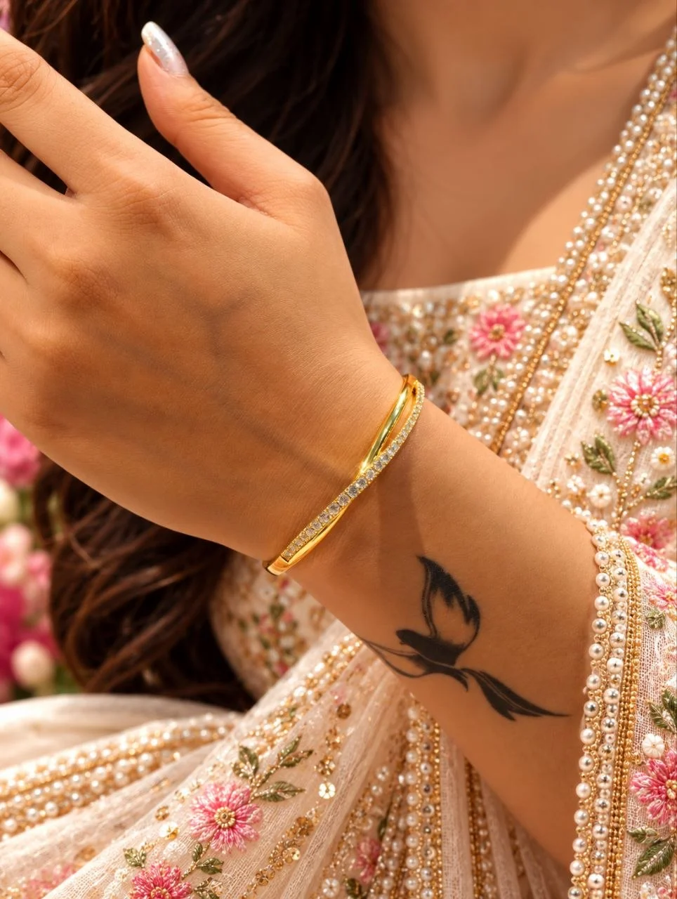 Anti Tarnish Slim Stone Line Cuff Bangle