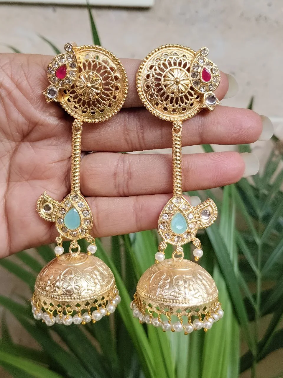 Antique Three Tier Jhumka with Red and Turquoise – view 3