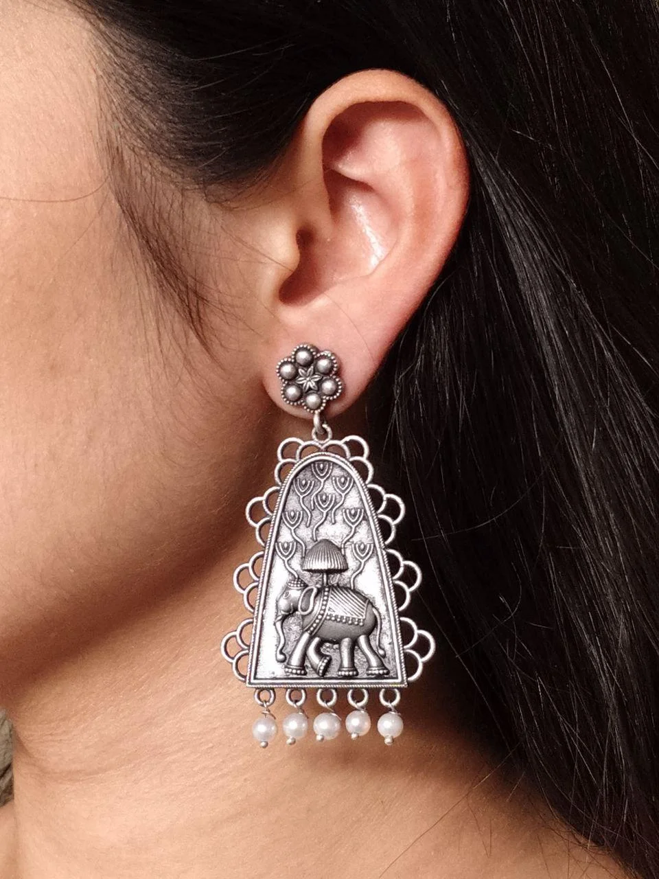 Oxidised Elephant Arch Dangler Earrings with Scalloped Border and Pearls