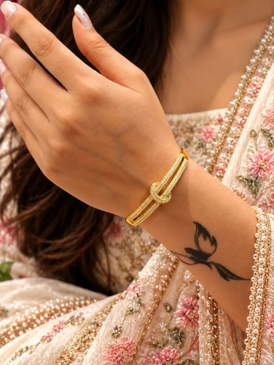 Anti Tarnish Interlocking Knot Bangle with Twin Stone Rows