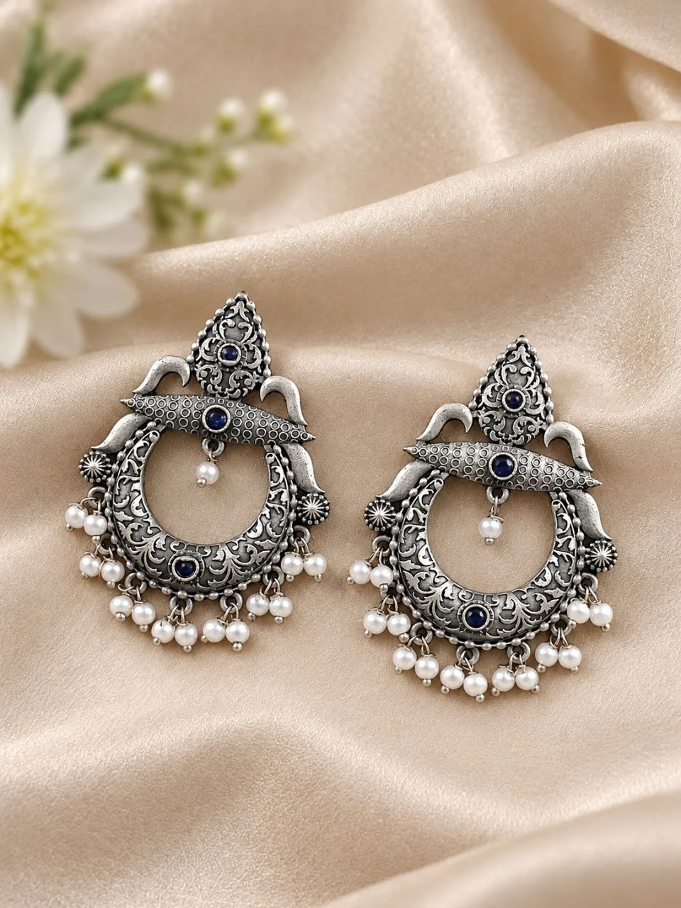 Chandbali Style Crescent Earrings with Pearl Fringe