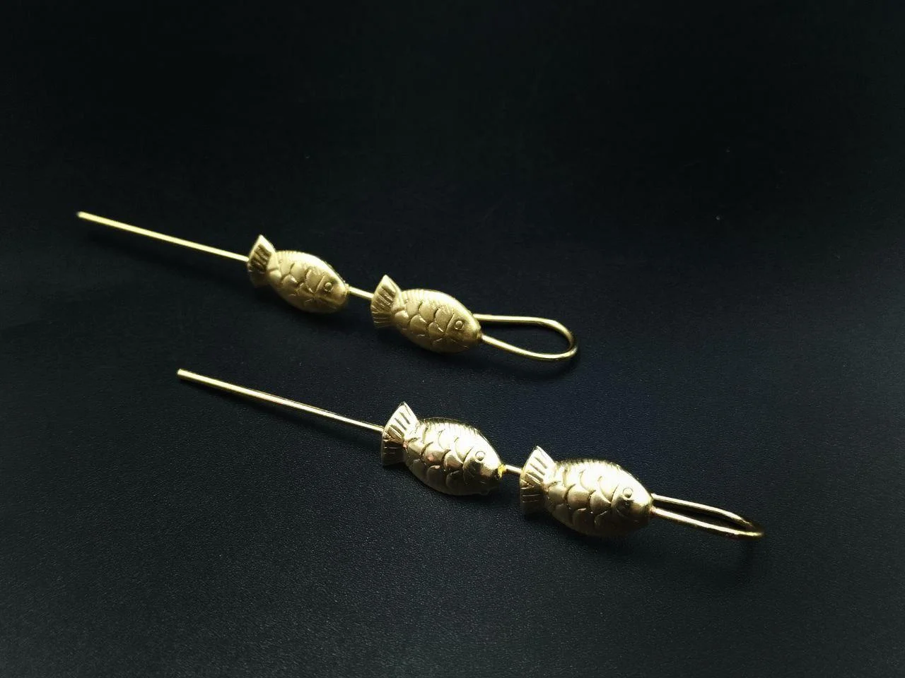 Gold Twin Fish Ear Pins with Long Stem – view 5