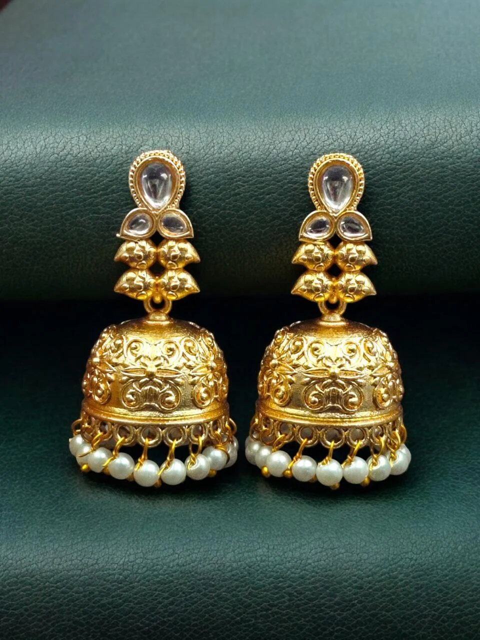 Ruby Red Floral Stud Jhumka with Wide Bell – view 3