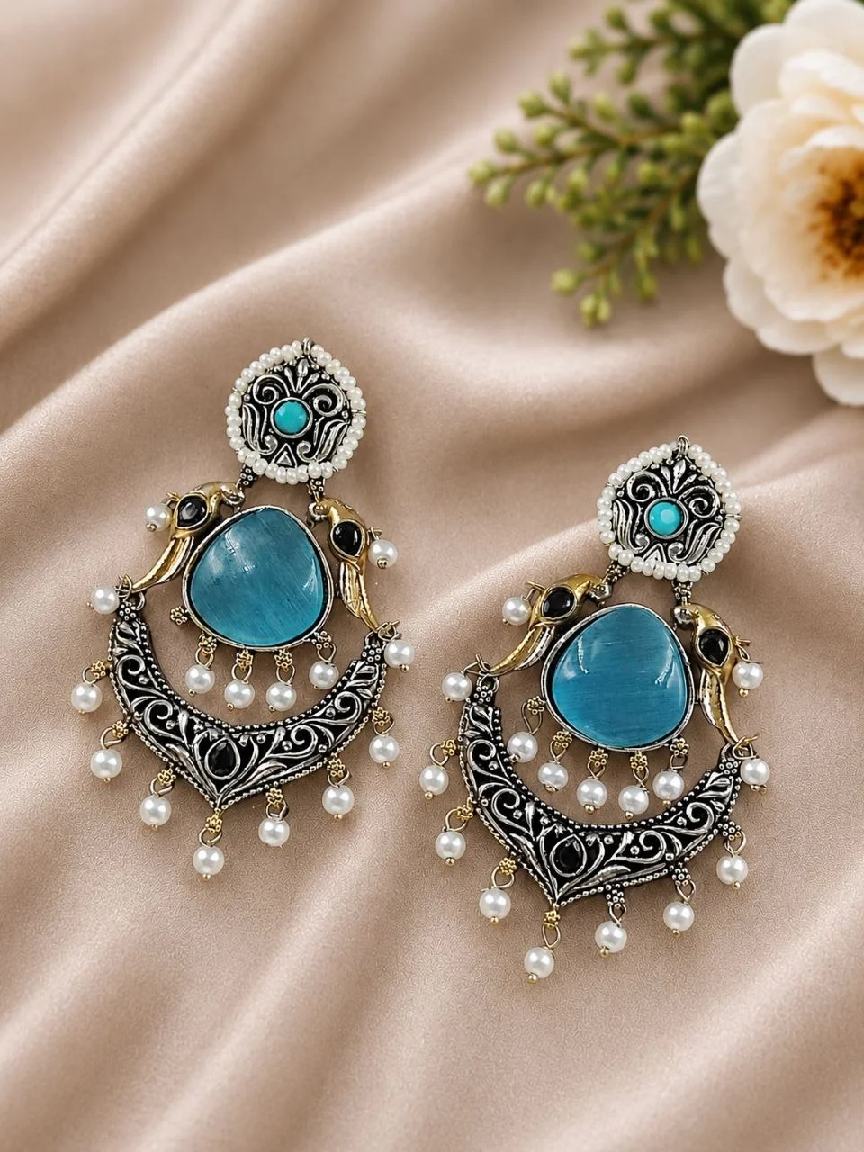 Two-Tone Bird Chandbali Earrings with Heart Stone and Pearl Drops