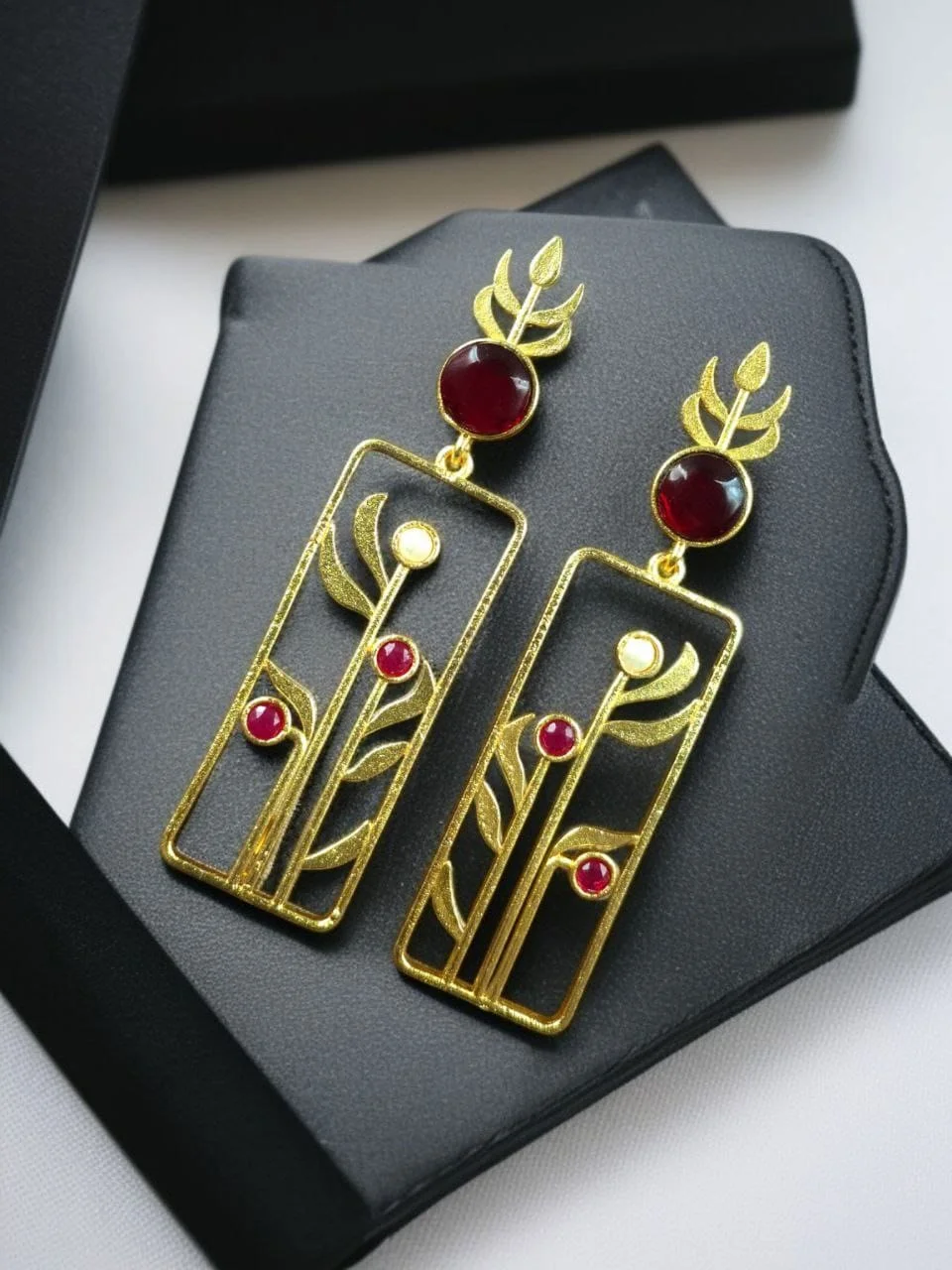 Botanical Panel Drop Earrings with Stone Top