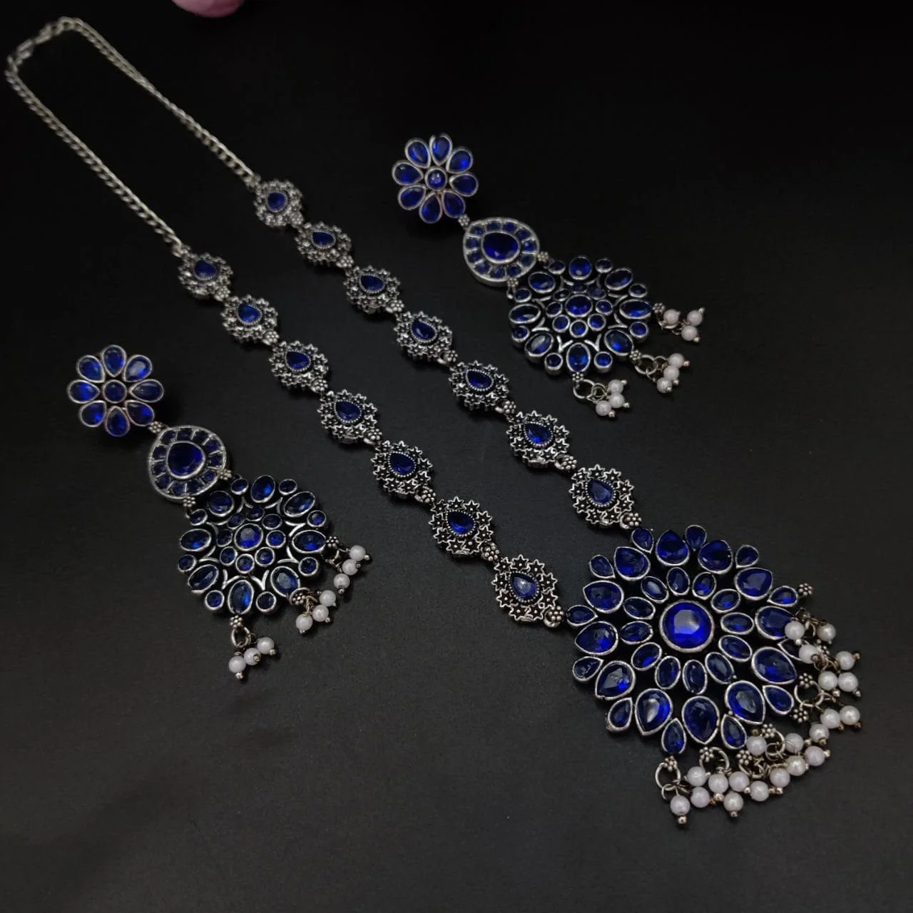 Oxidised Stone Burst Pendant Long Necklace Set