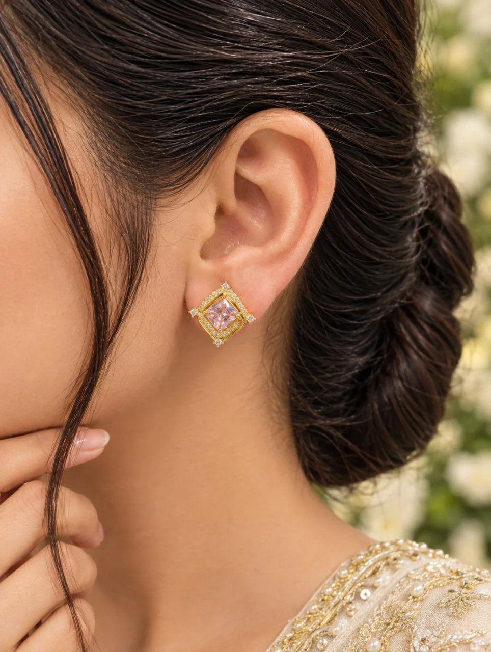 Anti Tarnish Square Halo Stud Earrings
