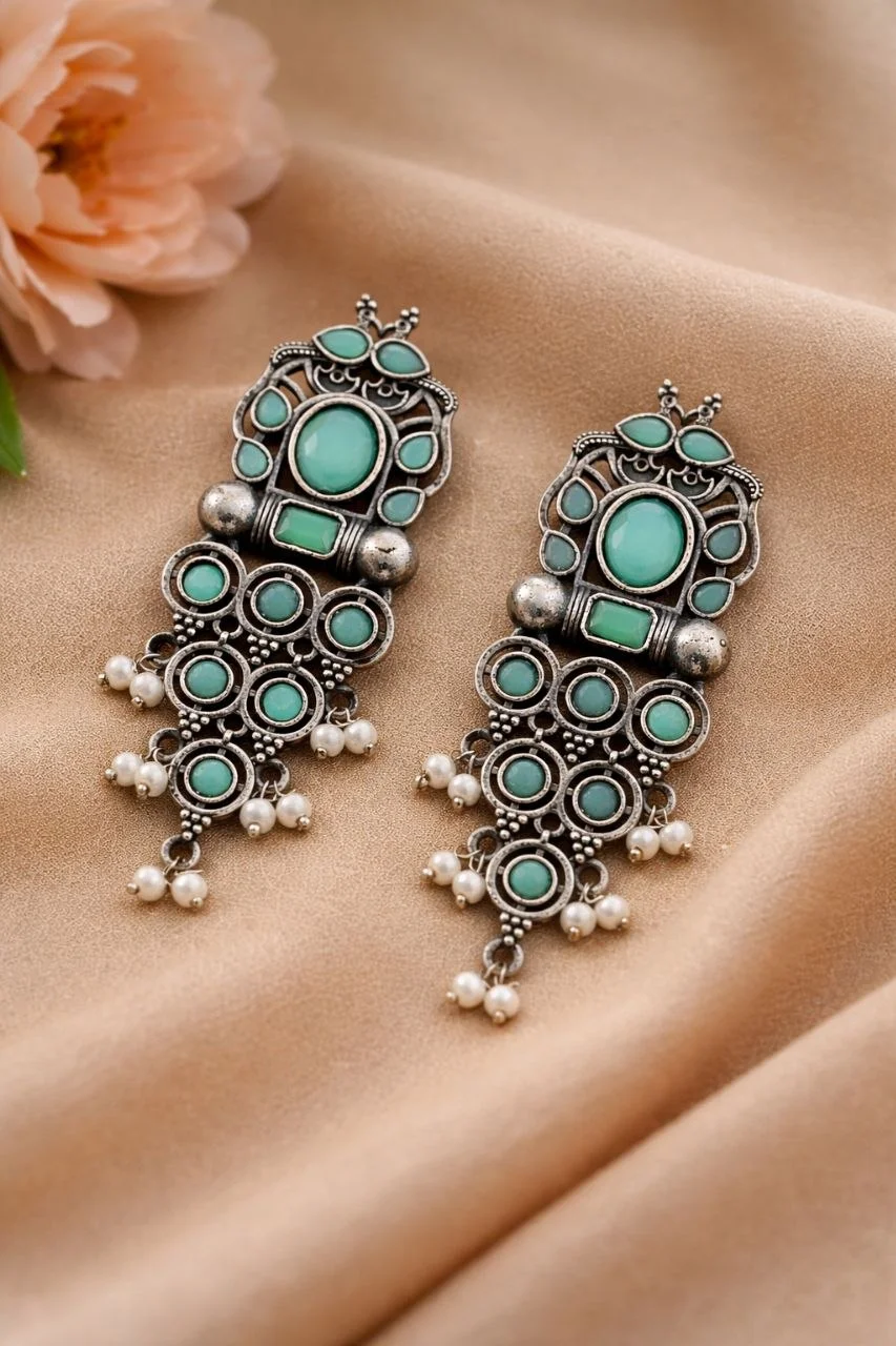 Oxidised Long Dangler Earrings with Framed Stones and Pearl Accents