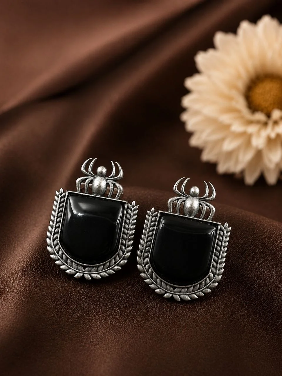 Oxidised Spider Shield Stud Earrings with Large Stone