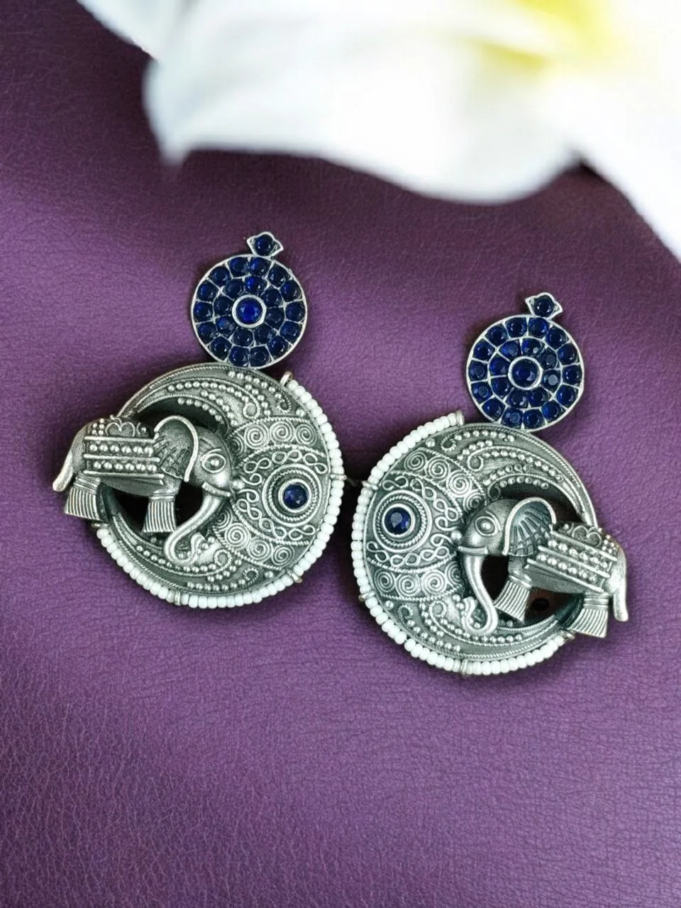 Oxidised Twin Elephant Disc Earrings with Stone Stud and Pearl Border
