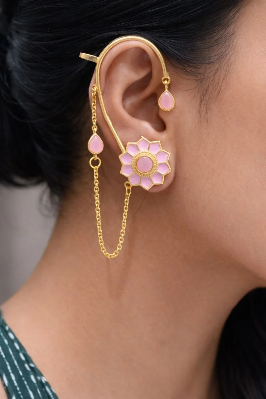 Enamel Flower Ear Cuff with Chain Swag