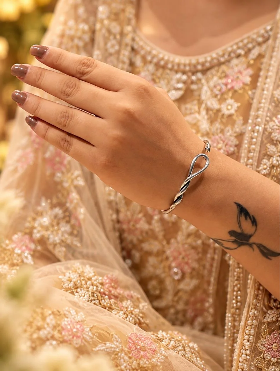 Silver Infinity Twist Open Cuff with Clear Stone Screw-Cap End