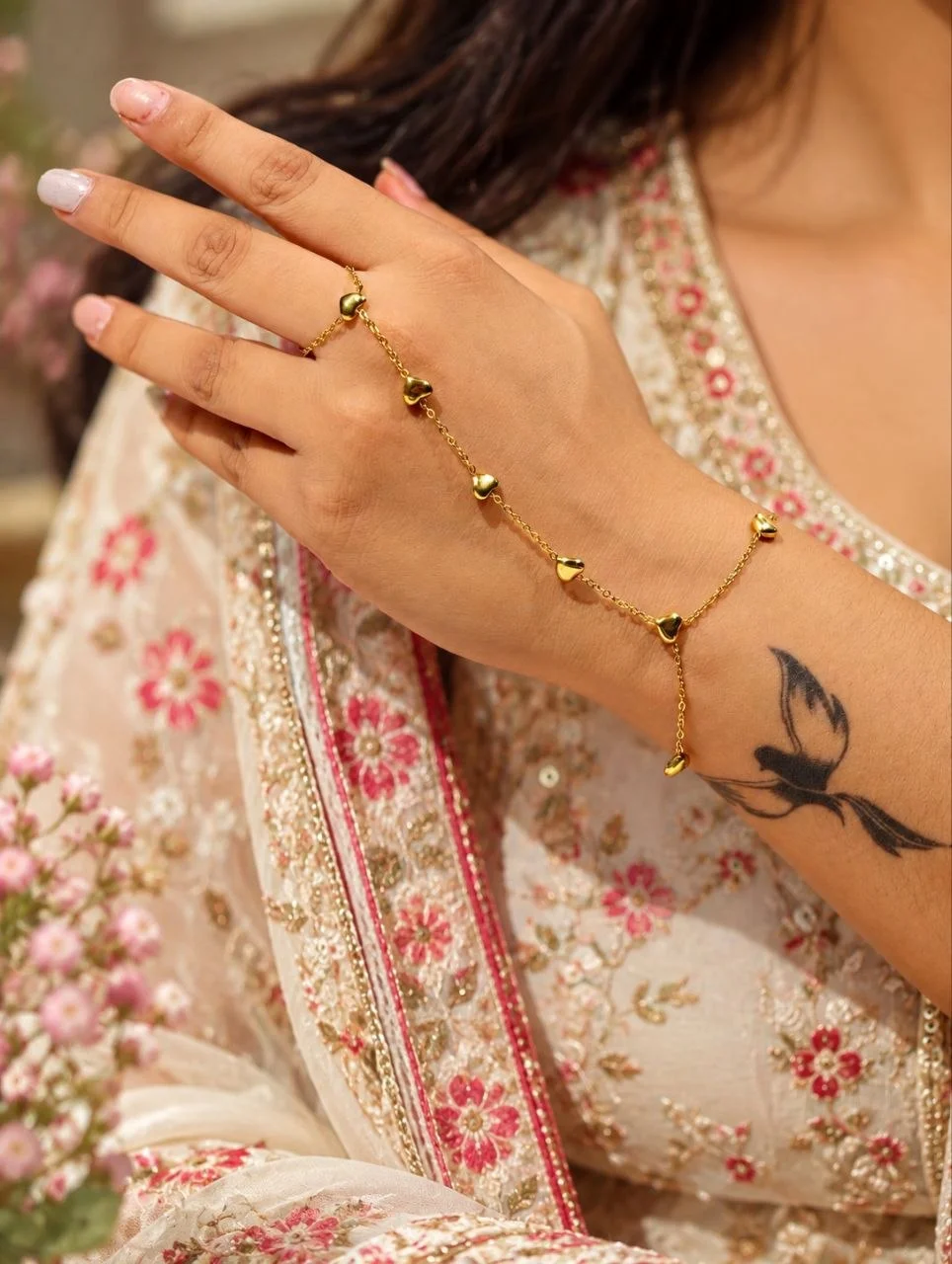 Anti Tarnish Gold Bead Hathphool with Ring and Wrist Chain