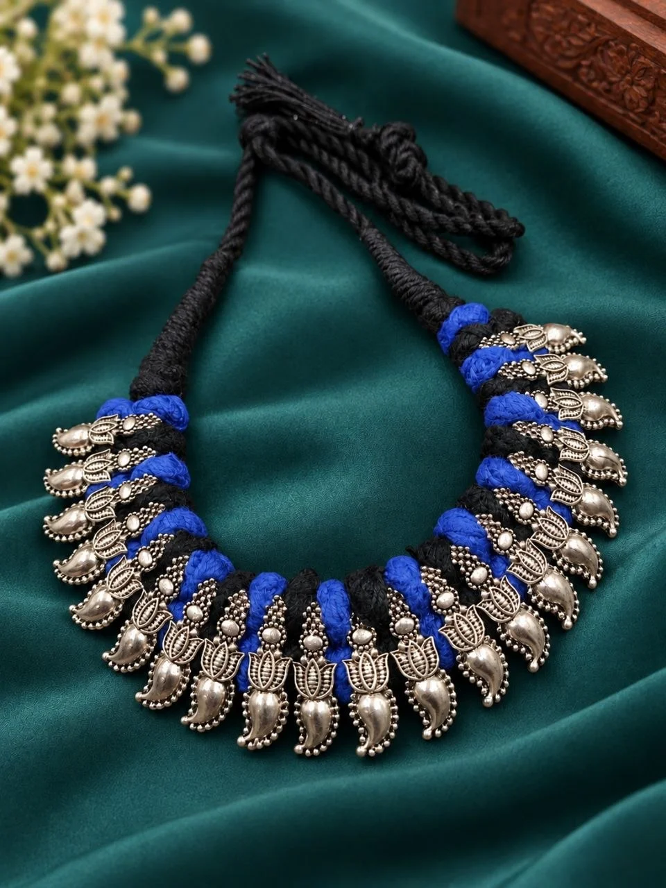 Oxidised Lotus Motif Thread Necklace – view 2