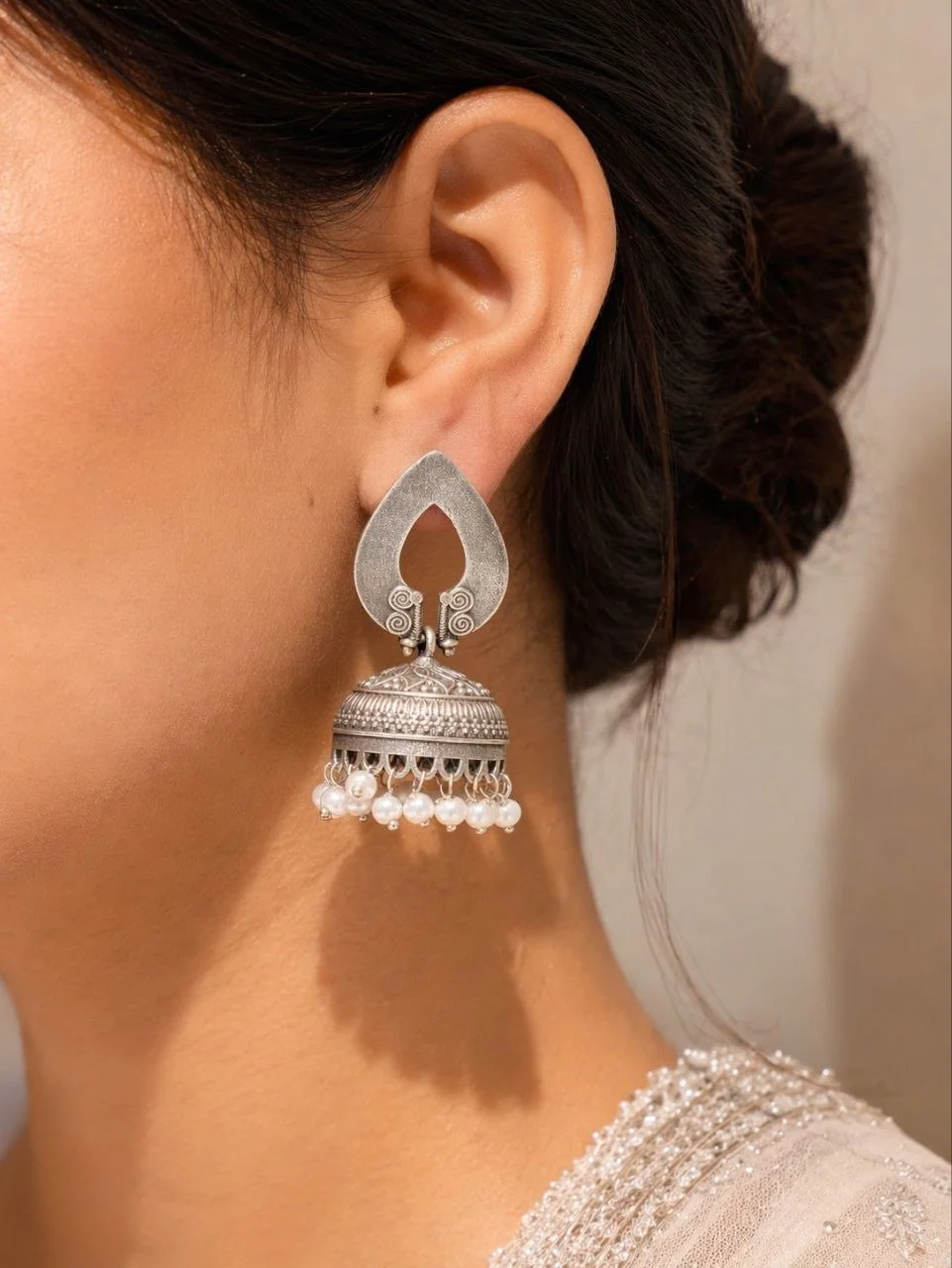 Oxidised Open Teardrop Jhumka Earrings with Engraved Bell – view 3