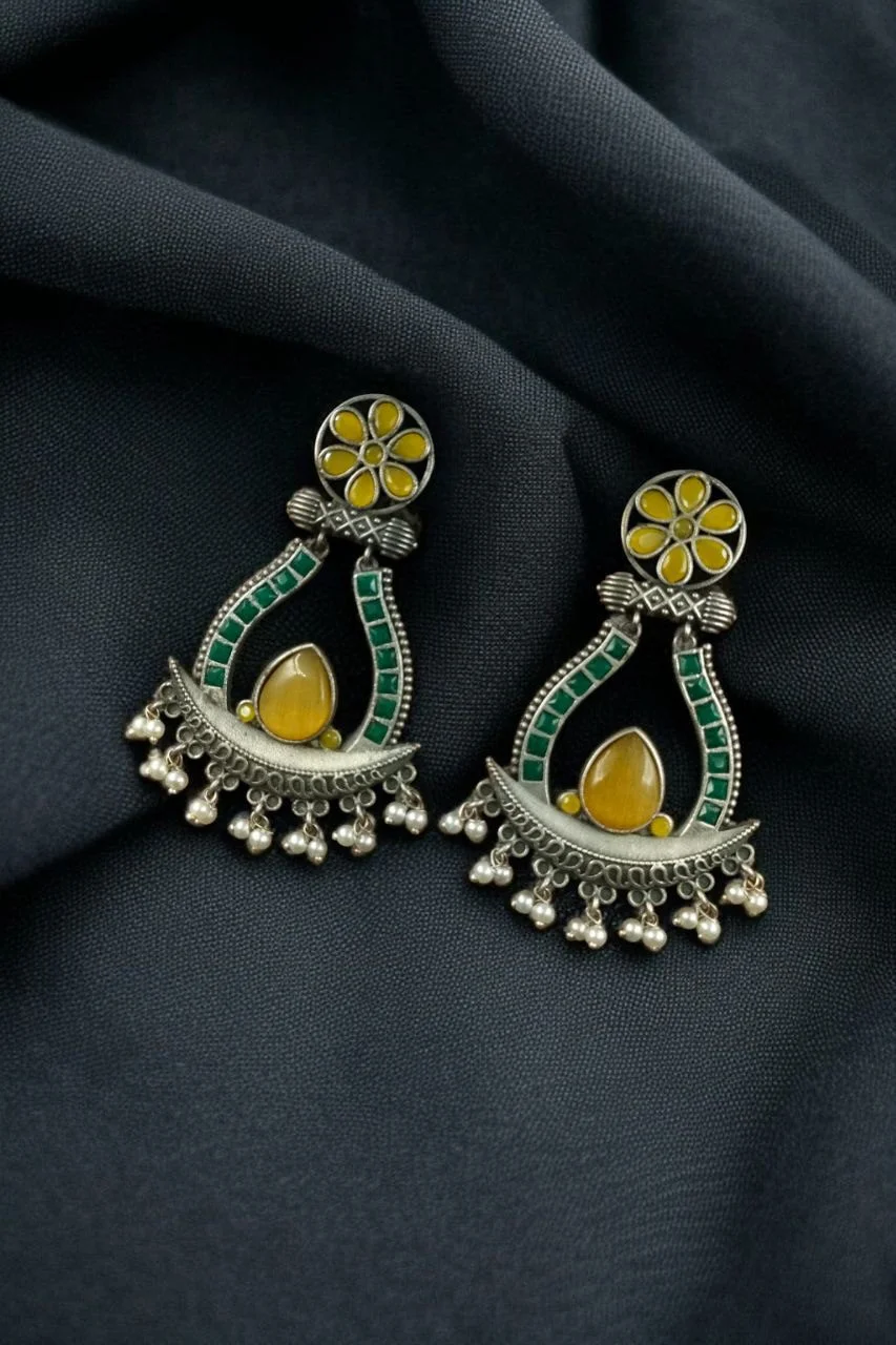 Oxidised Stone Loop Chandbali Earrings with Pear Stone and Bead Drops