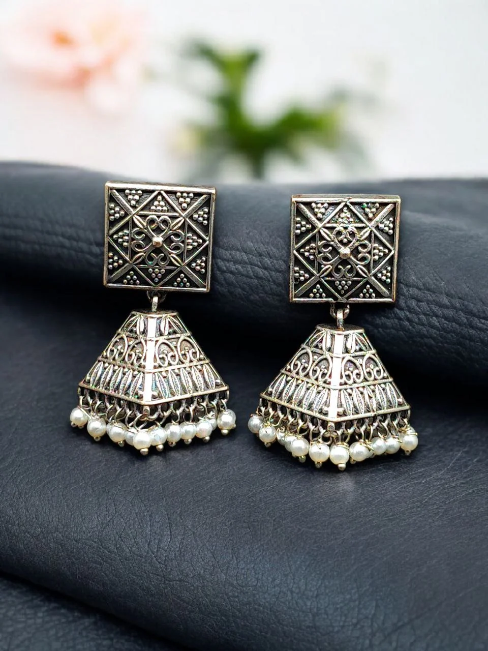 Oxidised Square Stud Pyramid Jhumka Earrings with Pearl Fringe – view 4