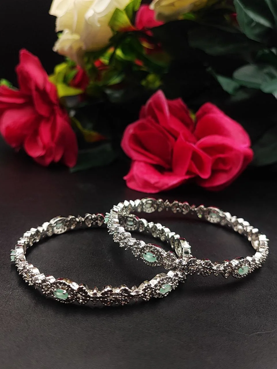 Silver Plated Turquoise & Clear Stone Bangle Pair
