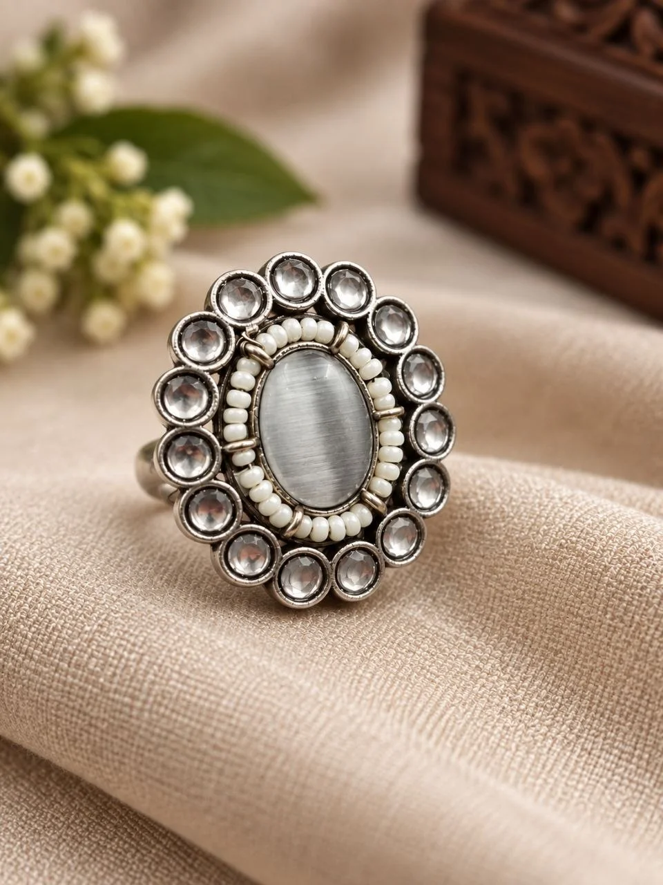 Oxidised Ring with Centre Stone and Pearl Halo – view 2