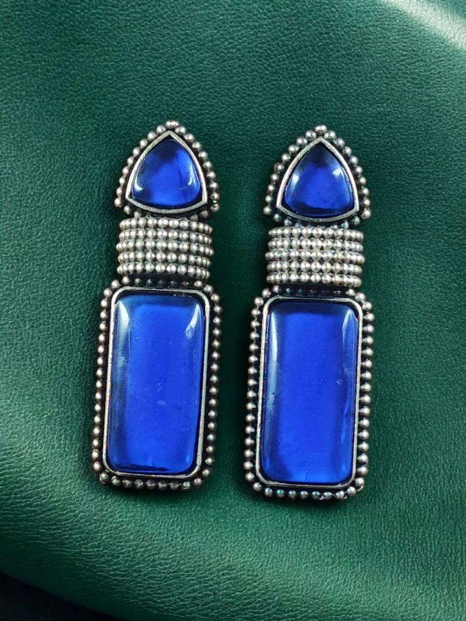 Oxidised Rectangle Stone Drop Earrings with Triangle Top