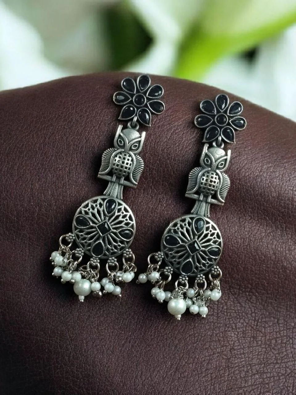 Oxidised Owl Dangler Earrings with Stone Flower and Pearl Drops