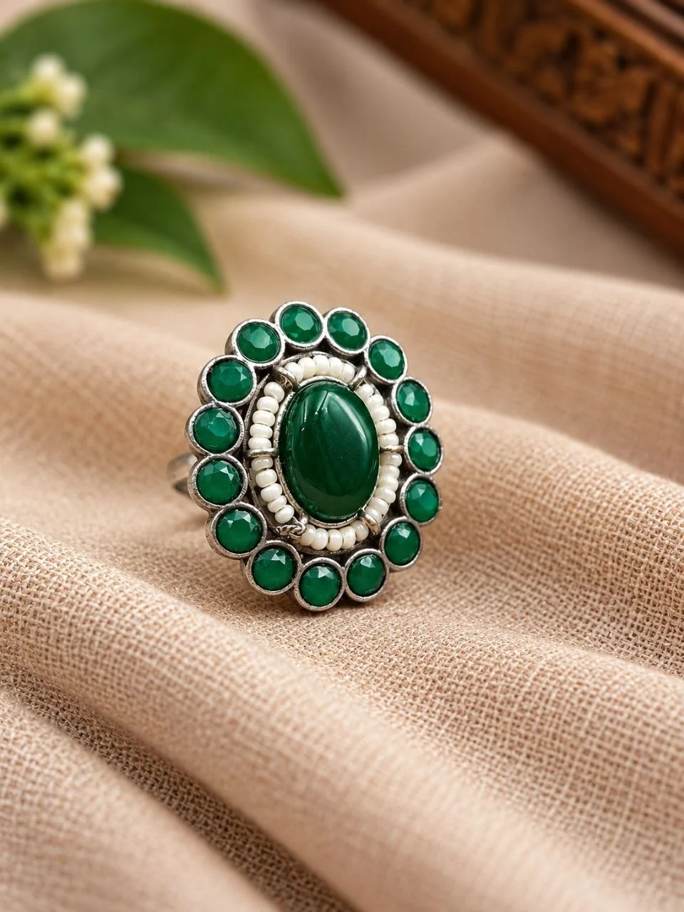 Oxidised Ring with Centre Stone and Pearl Halo – view 3