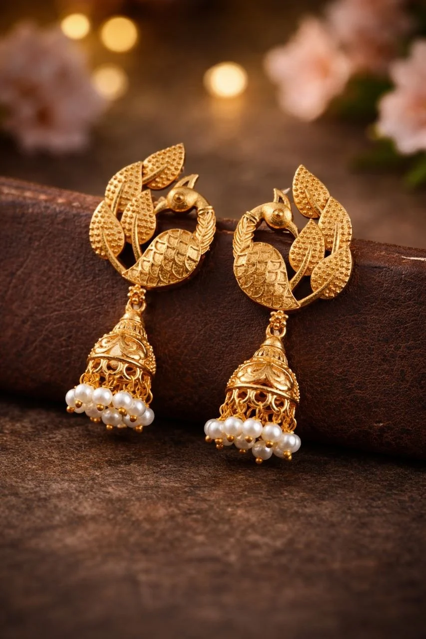 Golden Peacock Jhumka with Fanned Tail – view 2