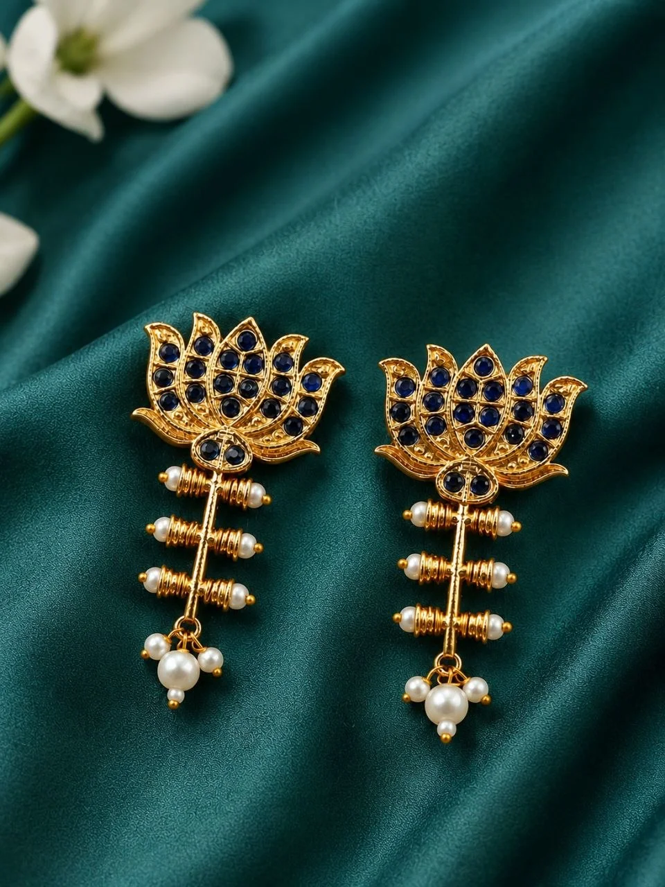 Lotus Top Drop Earrings with Pearl Tail
