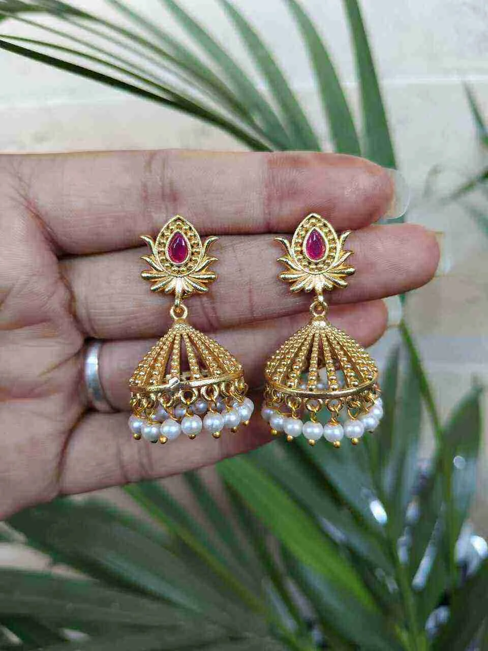Small Lotus Bud Jhumka in Plain Gold – view 5