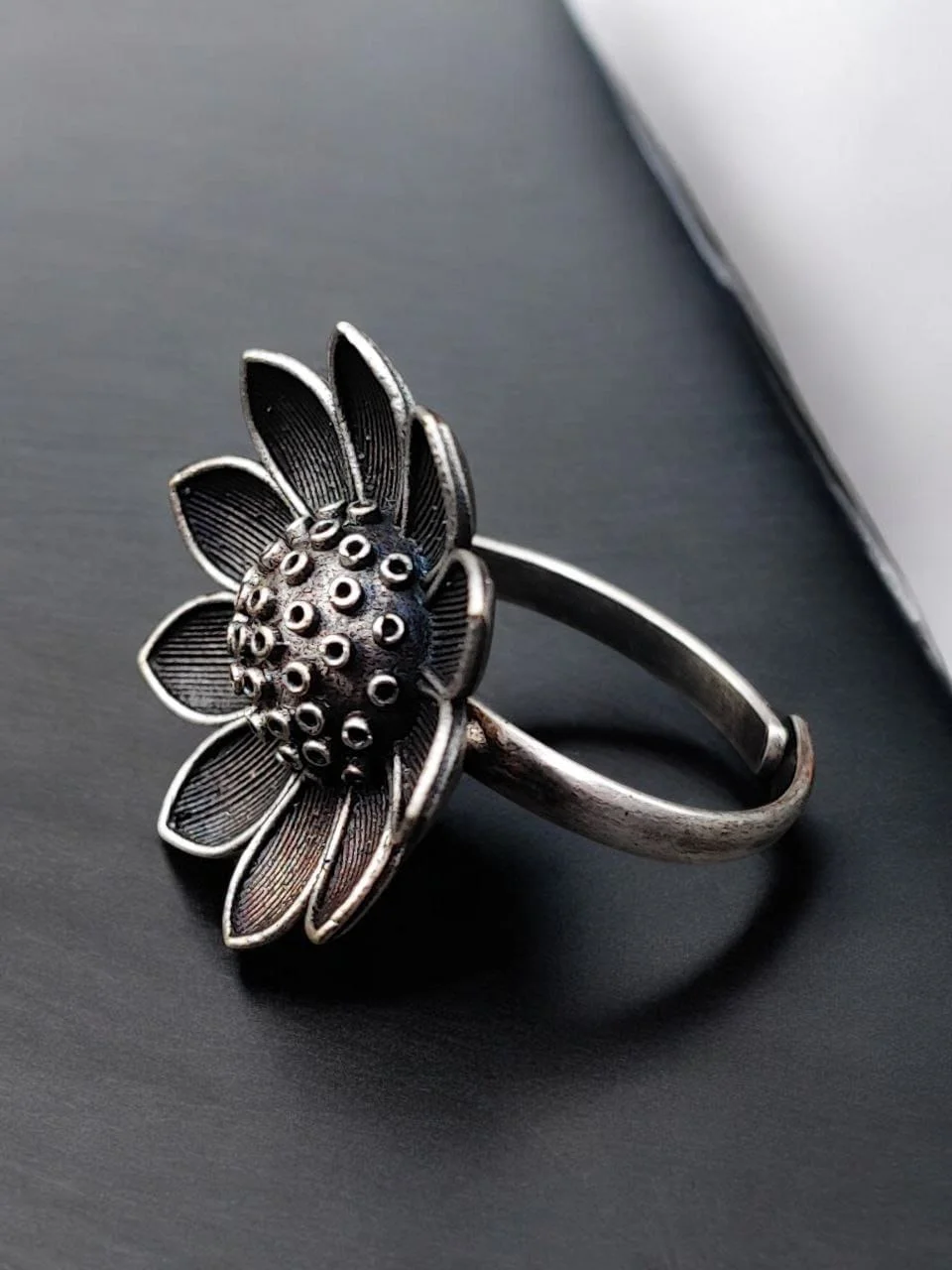 Oxidised Flower Ring with Black Stone – view 3