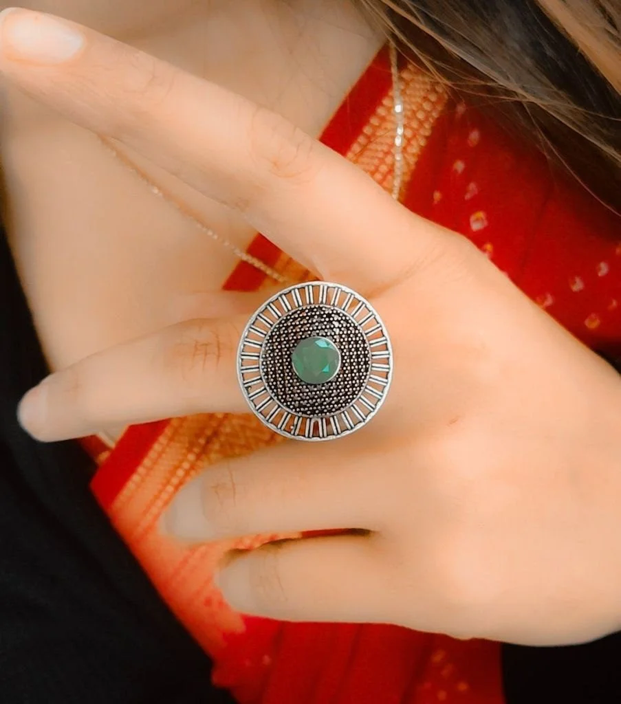 Oxidised Ring with Green Stone