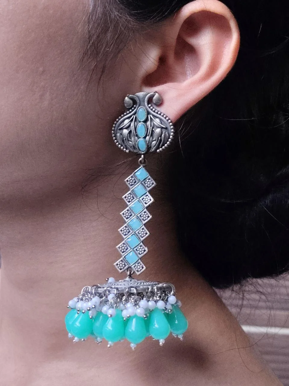 Oxidised Long Zigzag Stone Jhumka Earrings with Glass Bead Drops