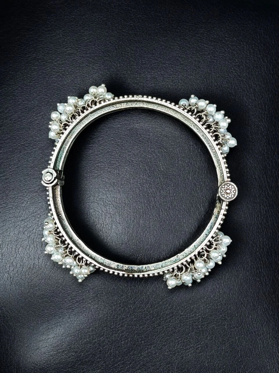 Oxidised Flat Pearl-Bead Bangle – view 4