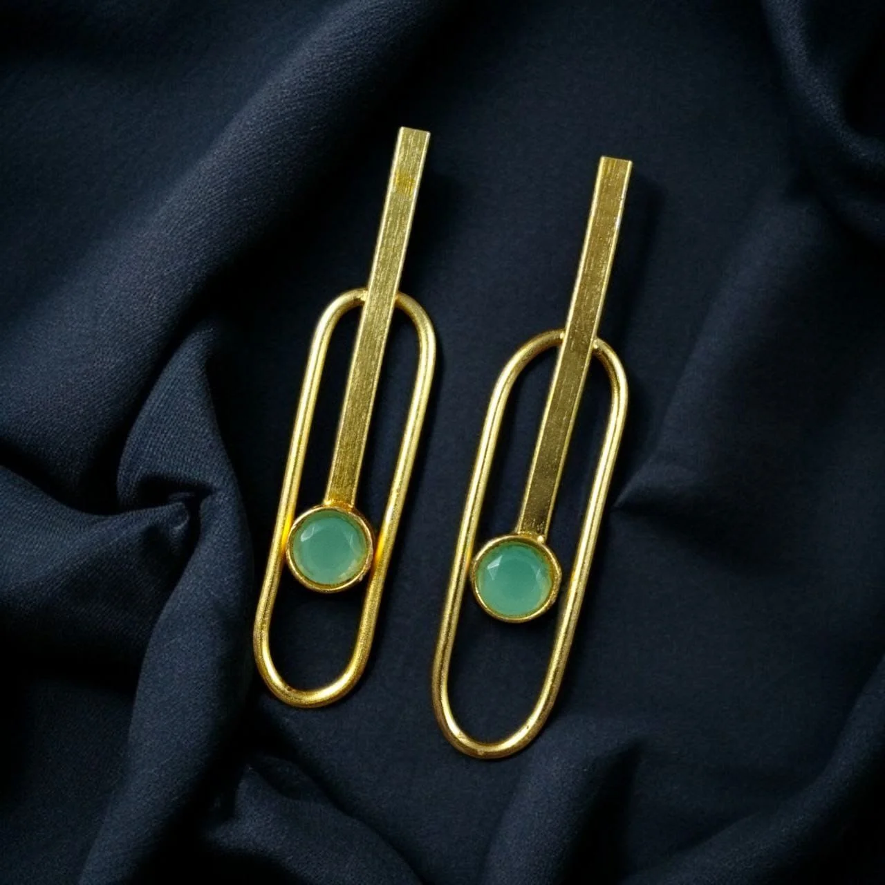Elongated Oval Outline Earrings with Stone