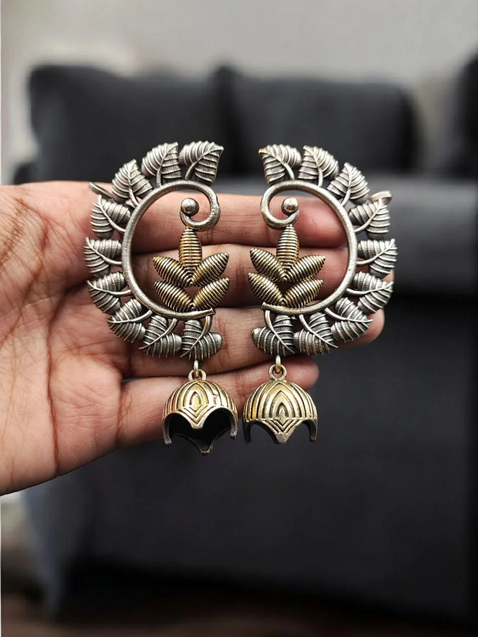 Two-Tone Lotus Leaf Ear Cuff Earrings with Jhumka – view 2